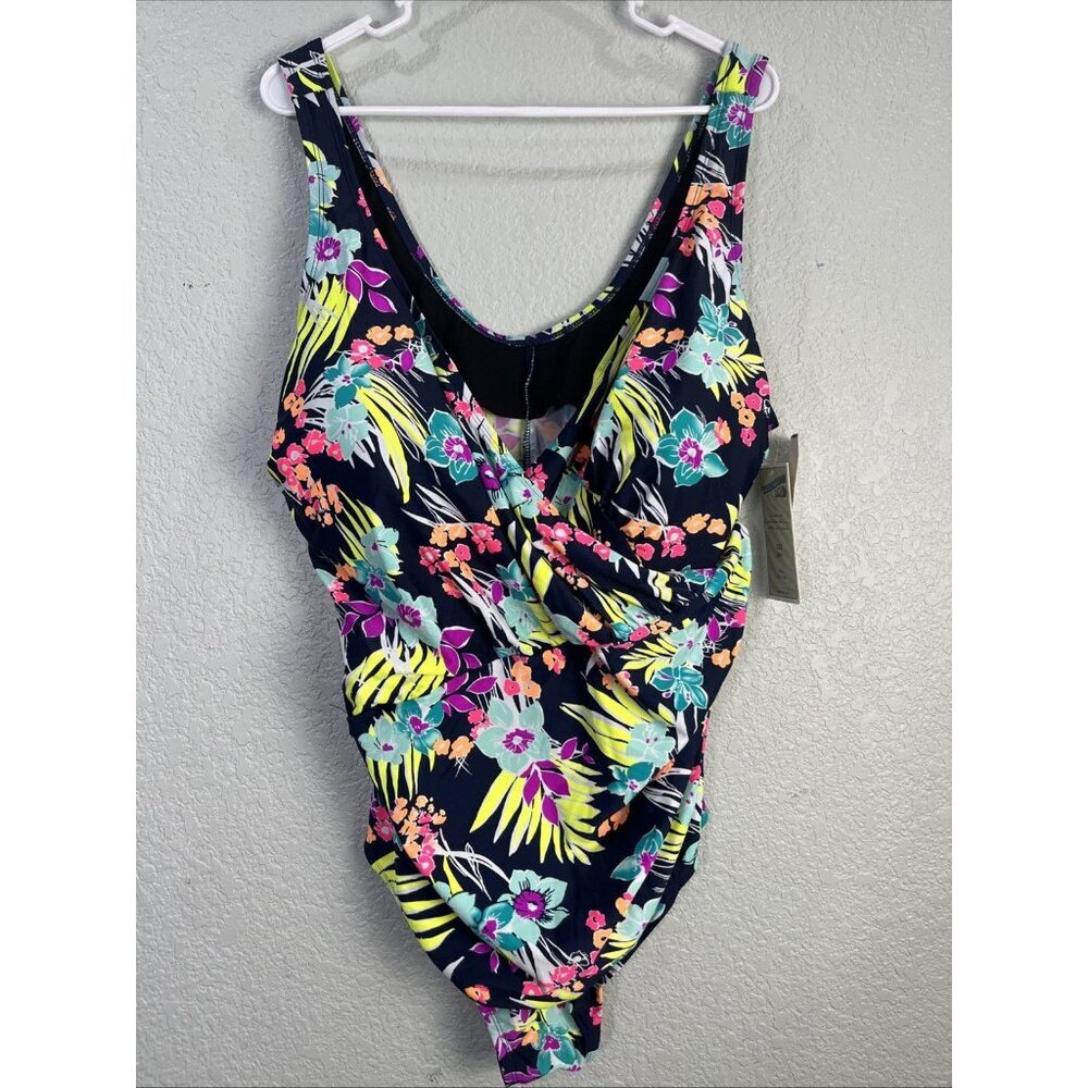 Caribbean Sand 1 Piece Swimsuit Womens 24W Navy Floral Tummy Control Tropical‎